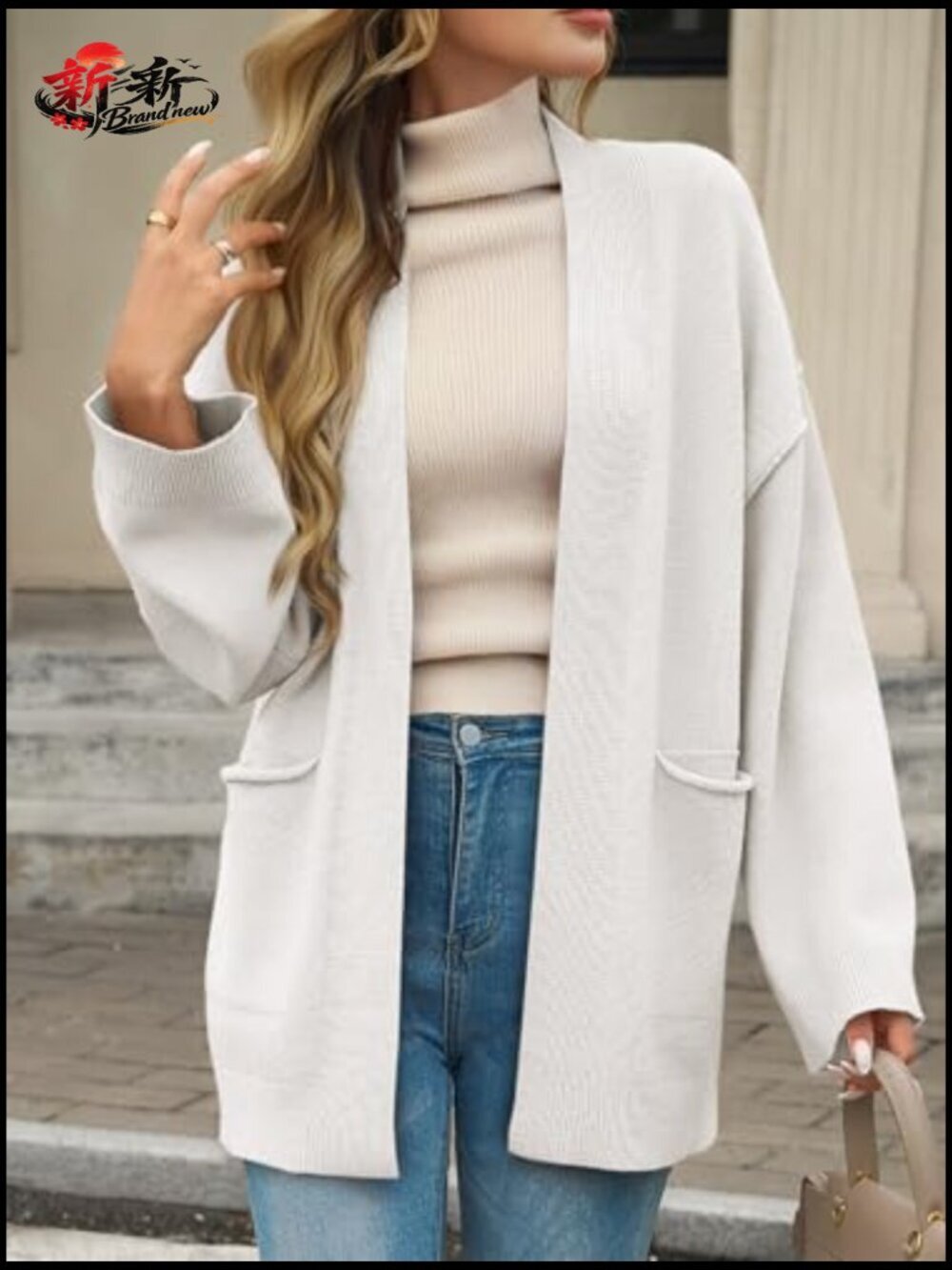 Oversized Open Front Cardigan Shawl with Pockets Long Sleeve Knit Sweater - Picture 3 of 7